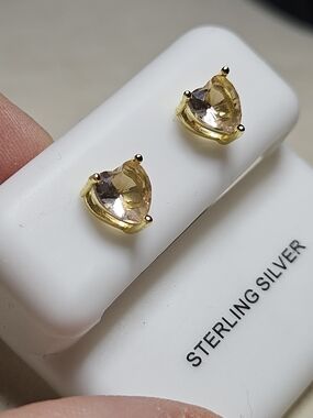 Sterling Silver Gold-Tone Heart Stud Earrings with Champagne Stones